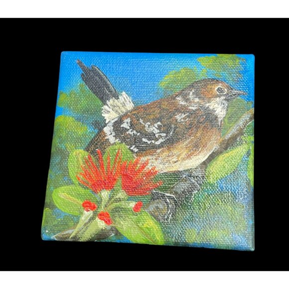 Original Bird Painting By L Peterson 4x4 Canvas Nature Scene With Red Flowers & - Picture 3 of 13